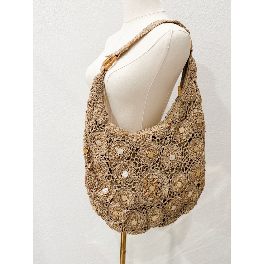 Vintage The Sak Crochet Hobo Bag Y2K Boho Wood Bead Shell Shoulder Purse Slouchy - Picture 2 of 10